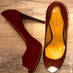 Coach Burgundy Suede High Heeled Peep Toe Pumps 7.5